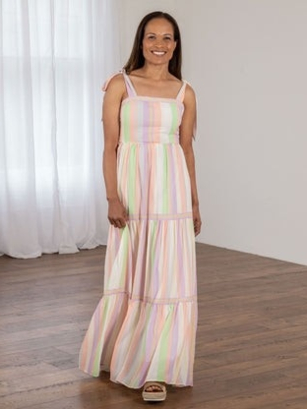 Striped Pastel Tiered Maxi Dress with Tie Straps